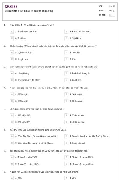 Đề kiểm tra 1 tiết Địa Lí 11 có đáp án (Đề 43)
