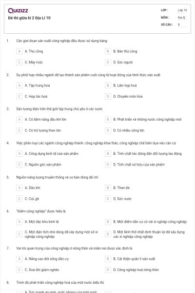 Đề thi giữa kì 2 Địa Lí 10