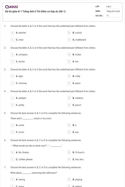 Đề thi giữa kì 1 Tiếng Anh 6 Thí điểm có đáp án (Đề 1)