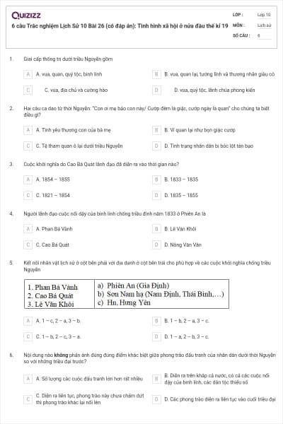6 câu Trắc nghiệm Lịch Sử 10 Bài 26 (có đáp án): Tình hình xã hội ở nửa đầu thế kỉ 19