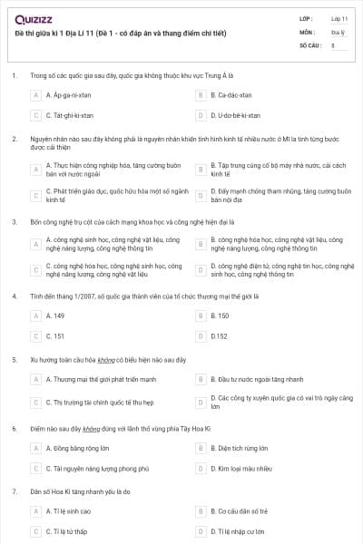 Đề thi giữa kì 1 Địa Lí 11 (Đề 1 - có đáp án và thang điểm chi tiết)