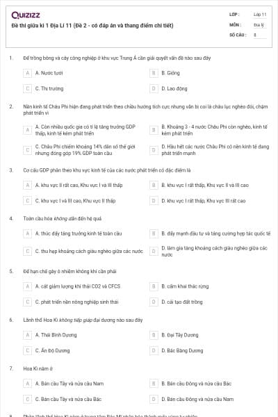 Đề thi giữa kì 1 Địa Lí 11 (Đề 2 - có đáp án và thang điểm chi tiết)