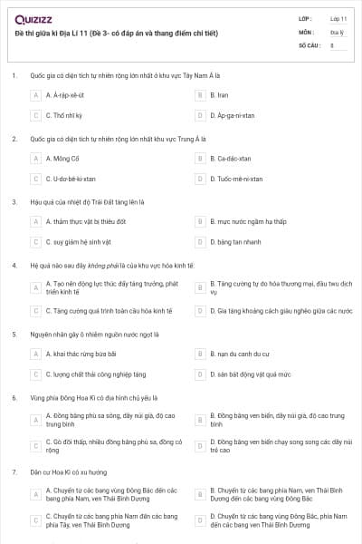 Đề thi giữa kì Địa Lí 11 (Đề 3- có đáp án và thang điểm chi tiết)
