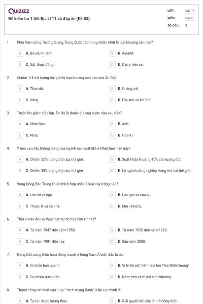 Đề kiểm tra 1 tiết Địa Lí 11 có đáp án (Đề 53)