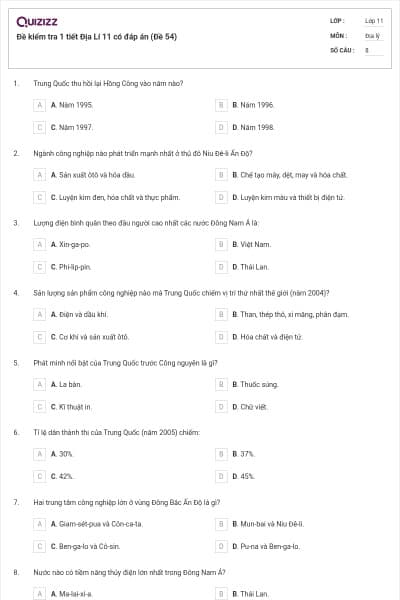 Đề kiểm tra 1 tiết Địa Lí 11 có đáp án (Đề 54)