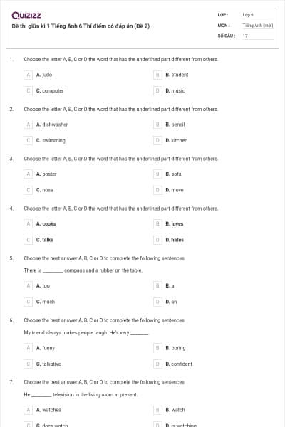 Đề thi giữa kì 1 Tiếng Anh 6 Thí điểm có đáp án (Đề 2)