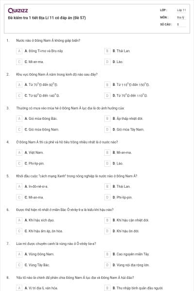 Đề kiểm tra 1 tiết Địa Lí 11 có đáp án (Đề 57)