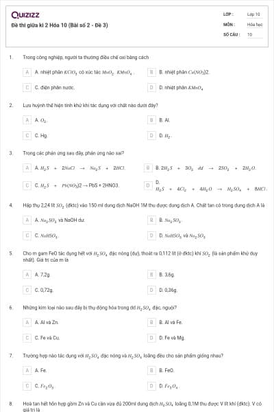 Đề thi giữa kì 2 Hóa 10 (Bài số 2 - Đề 3)