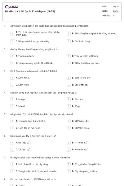 Đề kiểm tra 1 tiết Địa Lí 11 có đáp án (Đề 59)