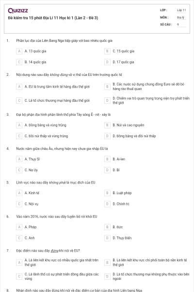 Đề kiểm tra 15 phút Địa Lí 11 Học kì 1 (Lần 2 - Đề 3)