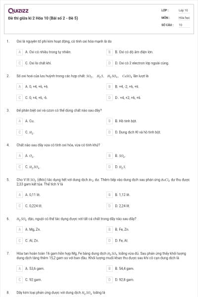 Đề thi giữa kì 2 Hóa 10 (Bài số 2 - Đề 5)