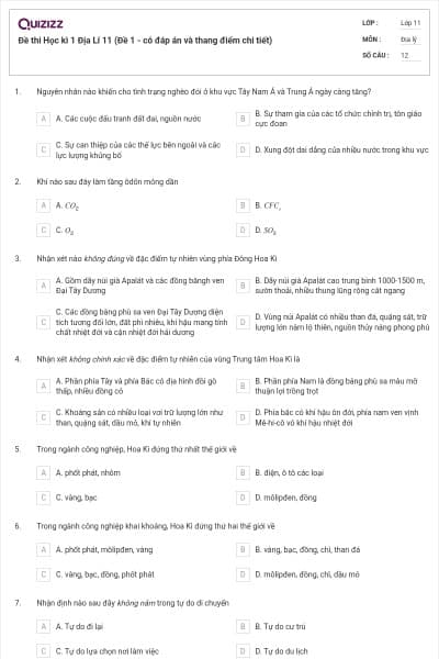 Đề thi Học kì 1 Địa Lí 11 (Đề 1 - có đáp án và thang điểm chi tiết)