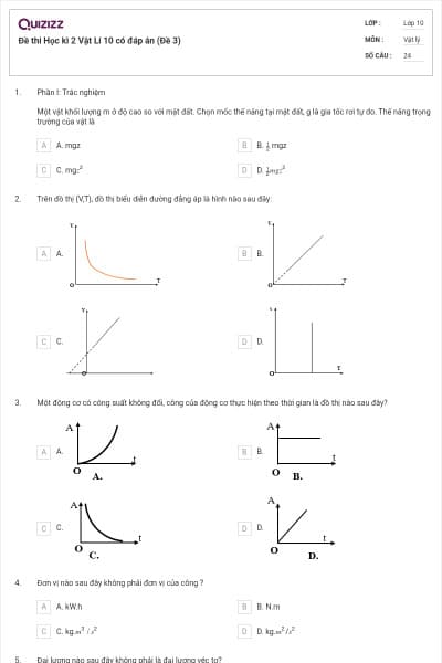 Đề thi Học kì 2 Vật Lí 10 có đáp án (Đề 3)