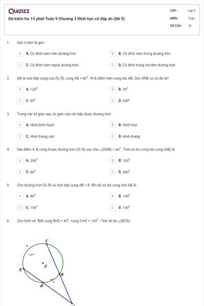 Đề kiểm tra 15 phút Toán 9 Chương 3 Hình học có đáp án (Đề 5)