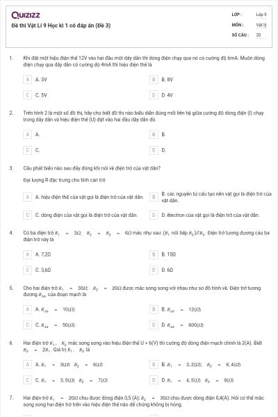 Đề thi Vật Lí 9 Học kì 1 có đáp án (Đề 3)