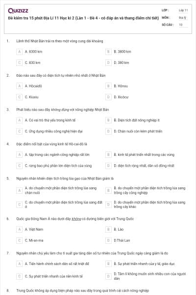 Đề kiểm tra 15 phút Địa Lí 11 Học kì 2 (Lần 1 - Đề 4 - có đáp án và thang điểm chi tiết)