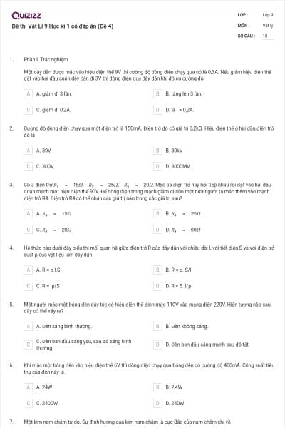 Đề thi Vật Lí 9 Học kì 1 có đáp án (Đề 4)
