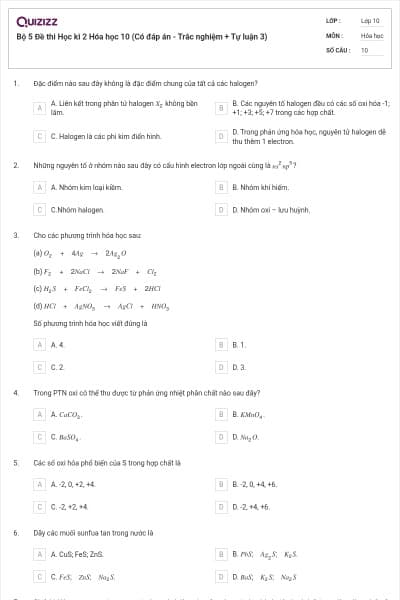 Bộ 5  Đề thi Học kì 2 Hóa học 10 (Có đáp án - Trắc nghiệm + Tự luận 3)