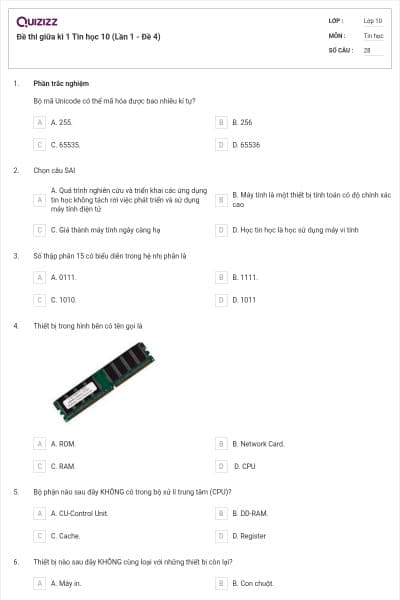 Đề thi giữa kì 1 Tin học 10 (Lần 1 - Đề 4)