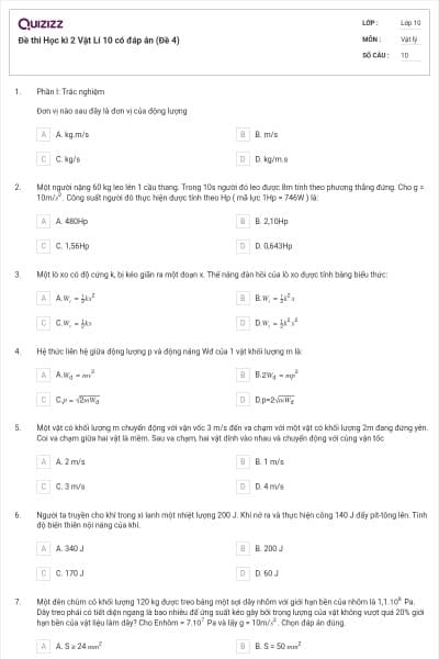 Đề thi Học kì 2 Vật Lí 10 có đáp án (Đề 4)