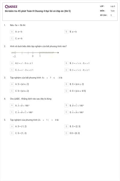 Đề kiểm tra 45 phút Toán 8 Chương 4 Đại Số có đáp án (Đề 5)