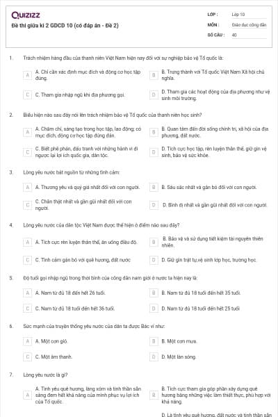 Đề thi giữa kì 2 GDCD 10 (có đáp án - Đề 2)
