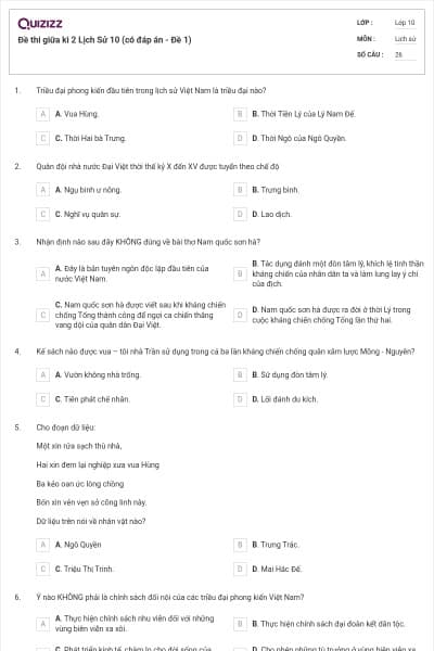 Đề thi giữa kì 2 Lịch Sử 10 (có đáp án - Đề 1)