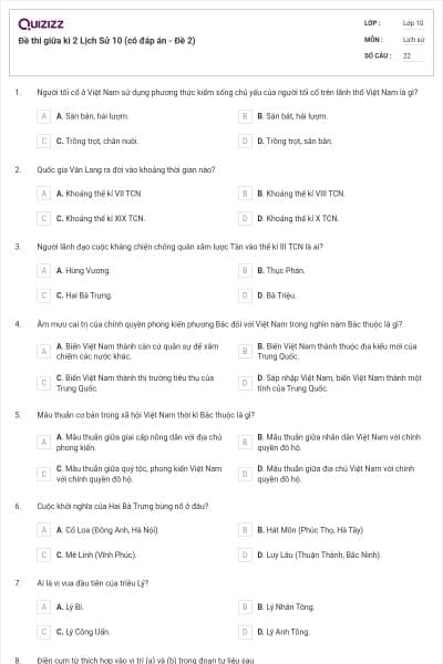Đề thi giữa kì 2 Lịch Sử 10 (có đáp án - Đề 2)