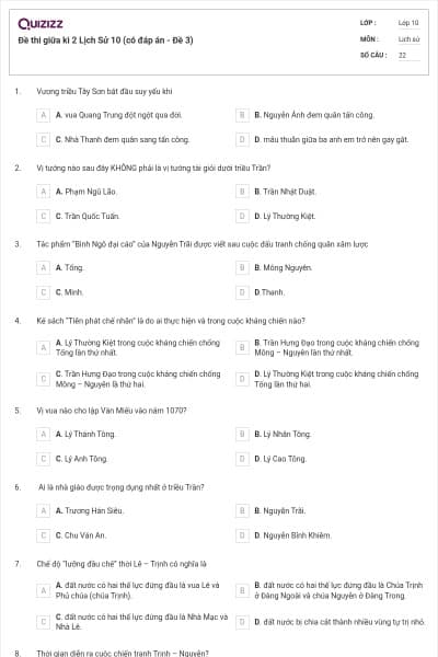 Đề thi giữa kì 2 Lịch Sử 10 (có đáp án - Đề 3)