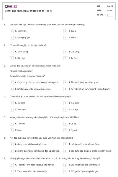 Đề thi giữa kì 2 Lịch Sử 10 (có đáp án - Đề 4)