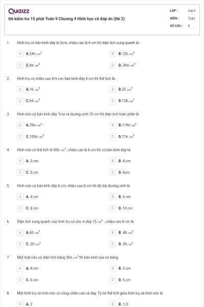 Đề kiểm tra 15 phút Toán 9 Chương 4 Hình học có đáp án (Đề 2)