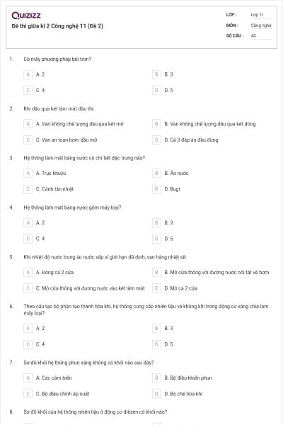 Đề thi giữa kì 2 Công nghệ 11 (Đề 2)