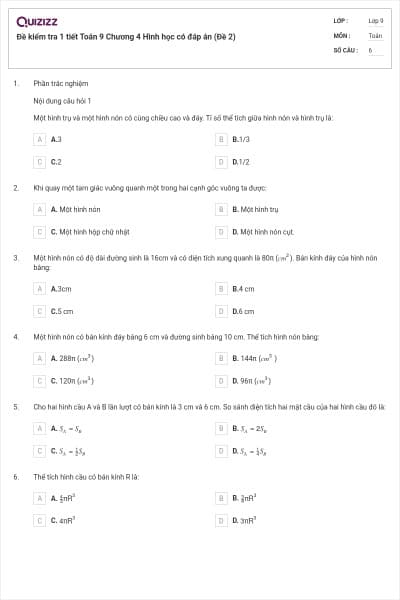 Đề kiểm tra 1 tiết Toán 9 Chương 4 Hình học có đáp án (Đề 2)