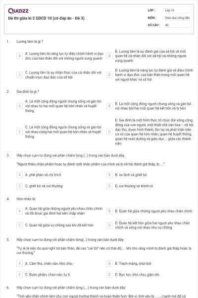 Đề thi giữa kì 2 GDCD 10 (có đáp án - Đề 3)