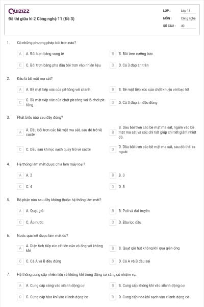 Đề thi giữa kì 2 Công nghệ 11 (Đề 3)