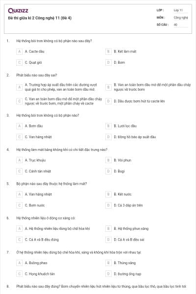 Đề thi giữa kì 2 Công nghệ 11 (Đề 4)