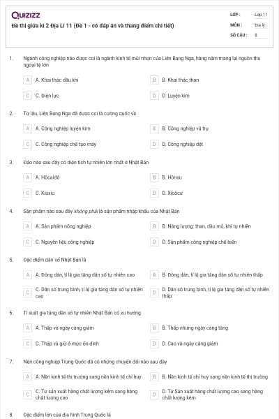 Đề thi giữa kì 2 Địa Lí 11 (Đề 1 - có đáp án và thang điểm chi tiết)