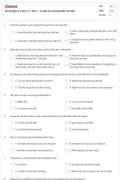 Đề thi giữa kì 2 Địa Lí 11 (Đề 2 - có đáp án và thang điểm chi tiết)