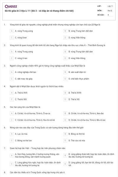 Đề thi giữa kì 2 Địa Lí 11 (Đề 3 - có đáp án và thang điểm chi tiết)