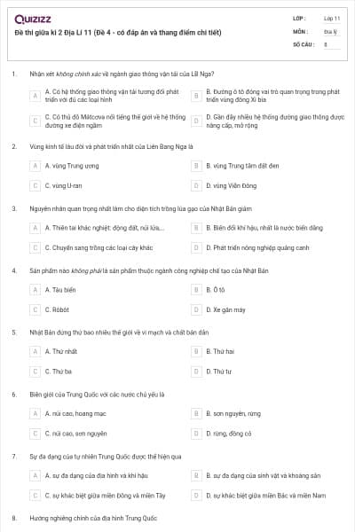 Đề thi giữa kì 2 Địa Lí 11 (Đề 4 - có đáp án và thang điểm chi tiết)