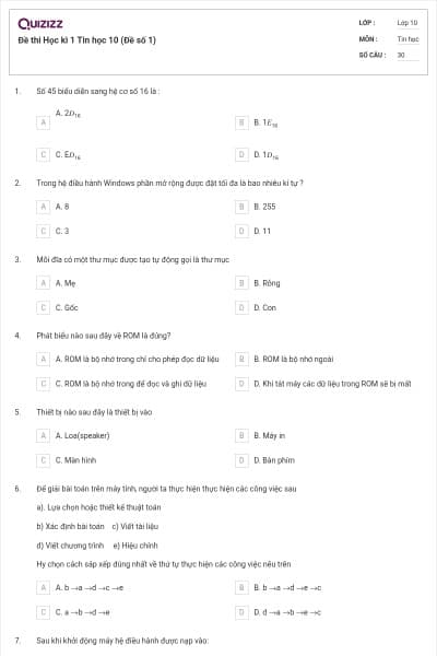 Đề thi Học kì 1 Tin học 10 (Đề số 1)