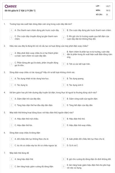Đề thi giữa kì 2 Vật Lí 9 (Đề 1)