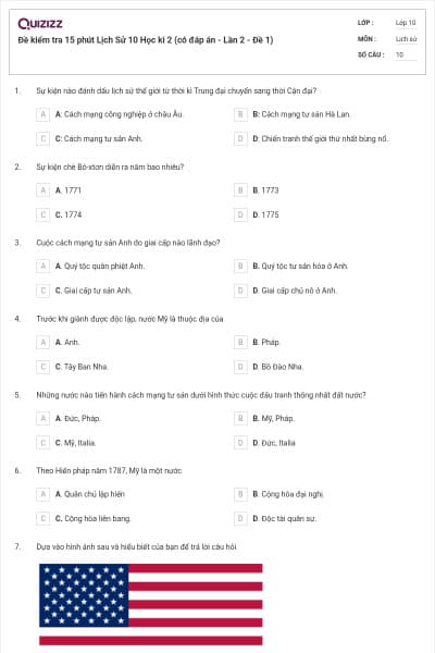 Đề kiểm tra 15 phút Lịch Sử 10 Học kì 2 (có đáp án - Lần 2 - Đề 1)