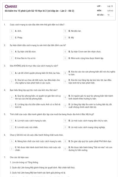 Đề kiểm tra 15 phút Lịch Sử 10 Học kì 2 (có đáp án - Lần 2 - Đề 2)