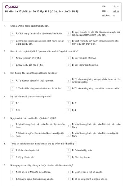Đề kiểm tra 15 phút Lịch Sử 10 Học kì 2 (có đáp án - Lần 2 - Đề 4)