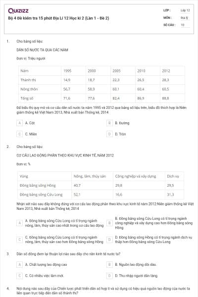 Bộ 4   Đề kiểm tra 15 phút Địa Lí 12 Học kì 2 (Lần 1 - Đề 2)