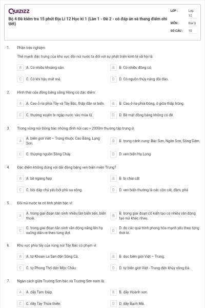 Bộ 4   Đề kiểm tra 15 phút Địa Lí 12 Học kì 1 (Lần 1 - Đề 2 - có đáp án và thang điểm chi tiết)