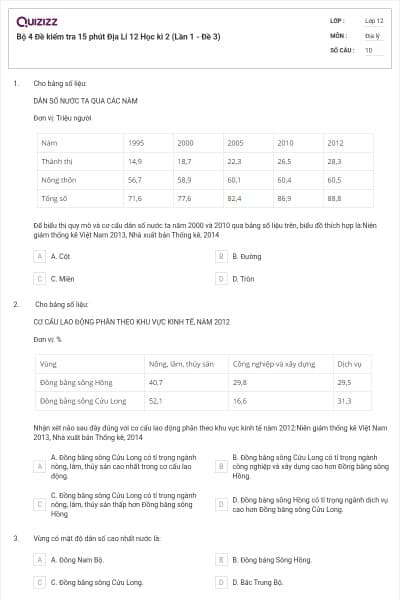 Bộ 4   Đề kiểm tra 15 phút Địa Lí 12 Học kì 2 (Lần 1 - Đề 3)