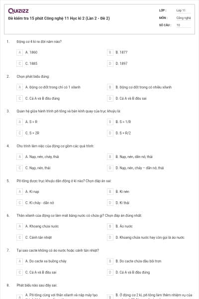 Đề kiểm tra 15 phút Công nghệ 11 Học kì 2 (Lần 2 - Đề 2)