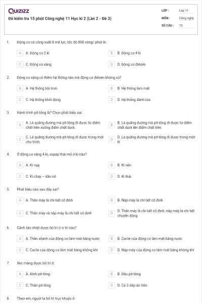 Đề kiểm tra 15 phút Công nghệ 11 Học kì 2 (Lần 2 - Đề 3)